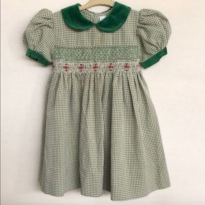 Green Gingham Velvet & Smocked Dress